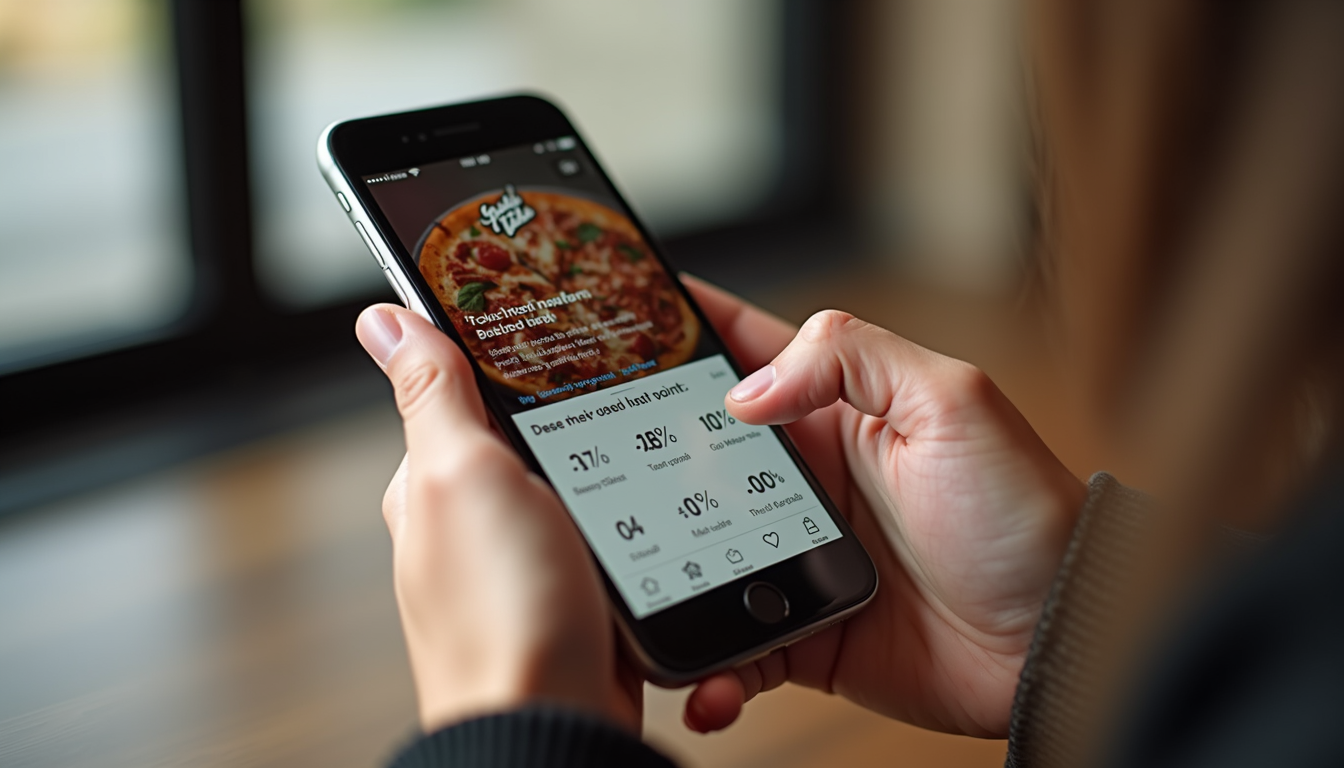 Close-up view of a smartphone screen showing a pizza rewards app with points and rewards
