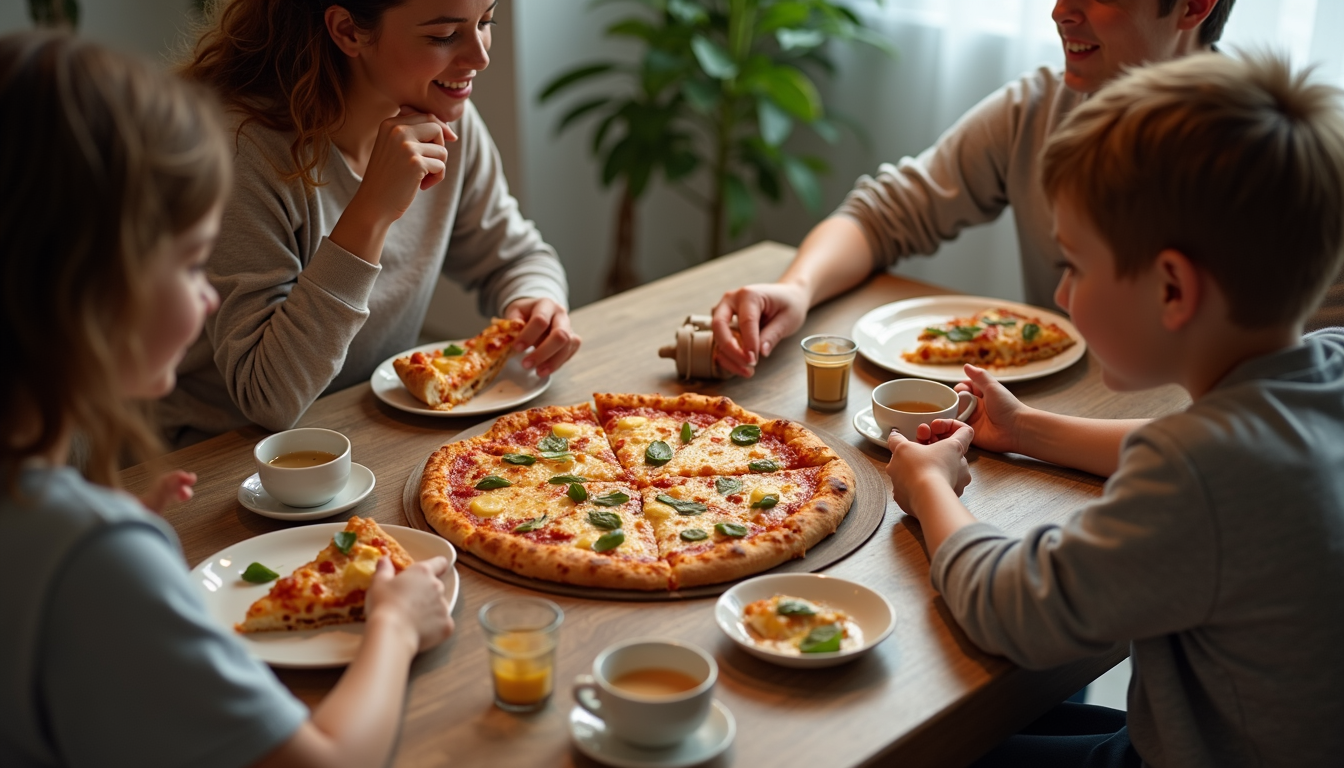 High angle view of a family enjoying pizza together at a dining table
