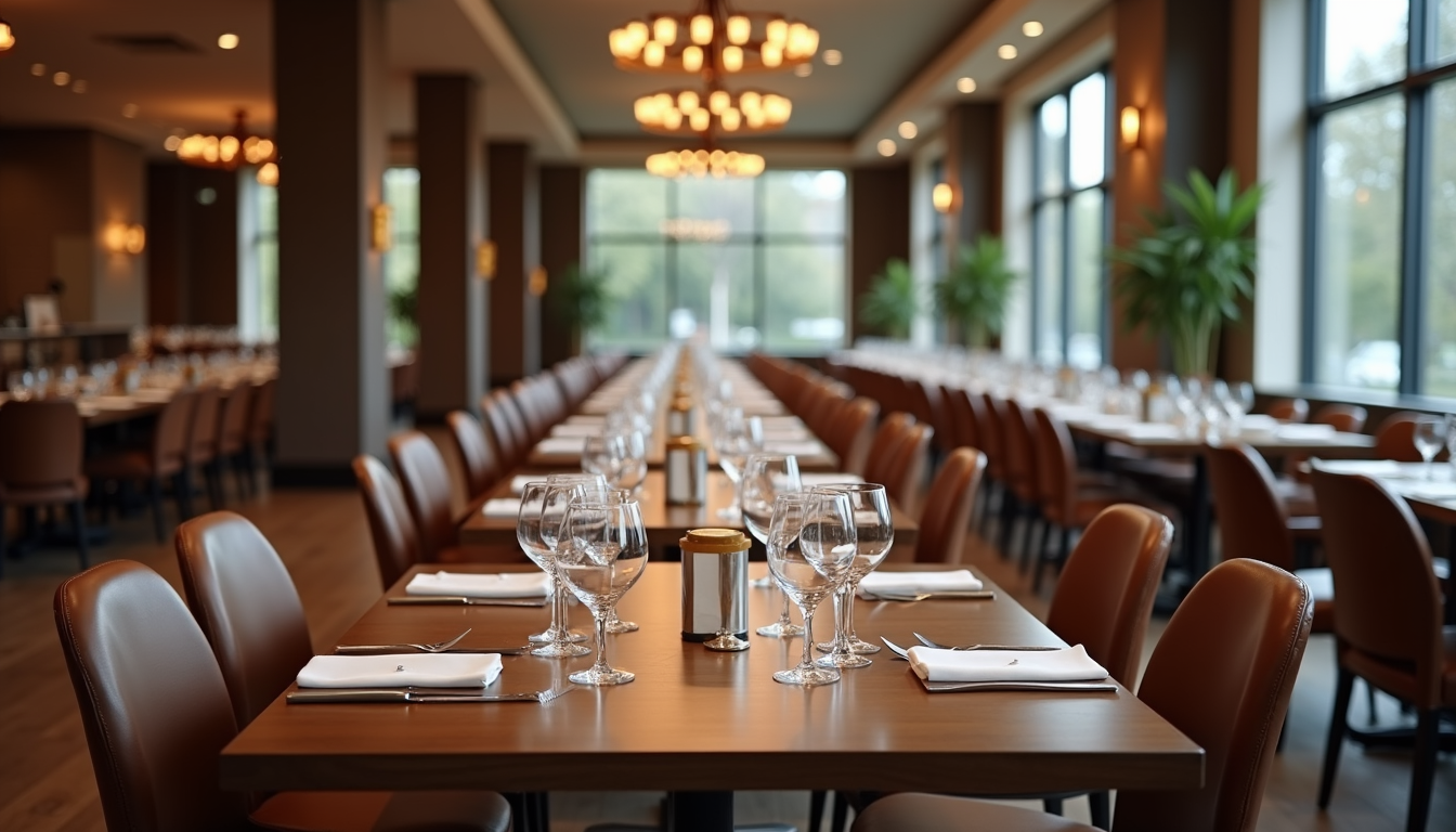 High angle view of a corporate event dining area with tables set for lunch