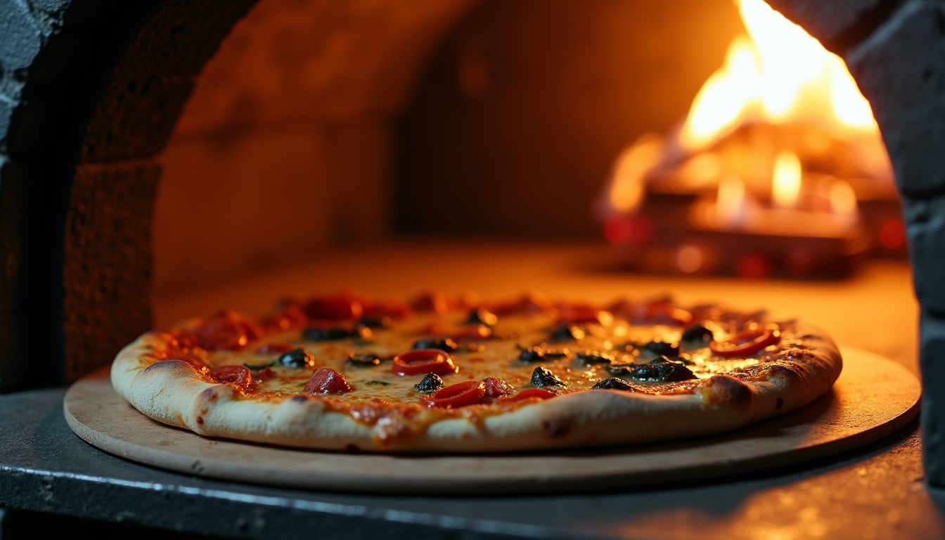 Eye-level view of a pizza stone with a pizza baking in a home oven