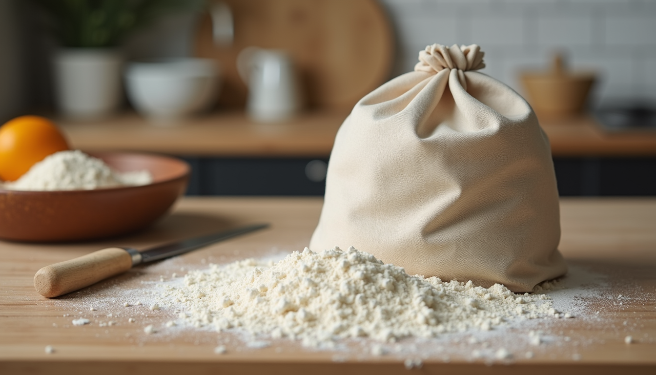 Close-up view of a bag of high-gluten flour on a kitchen counter