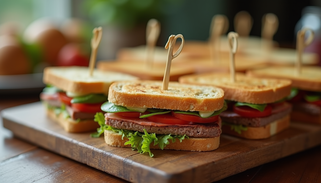 Close-up view of an appetizing platter of mixed sandwiches with fresh ingredients
