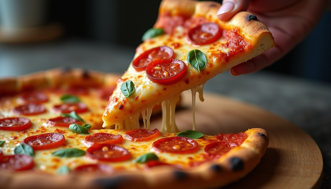 Close-up view of a freshly baked New York-style pizza slice being lifted from the pie