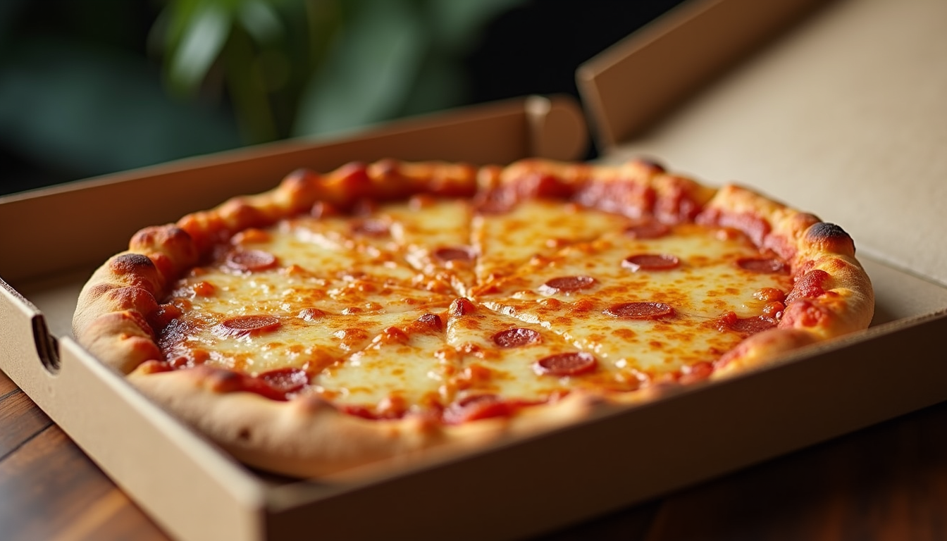 High angle view of a pizza box being opened to reveal a hot, cheesy pizza