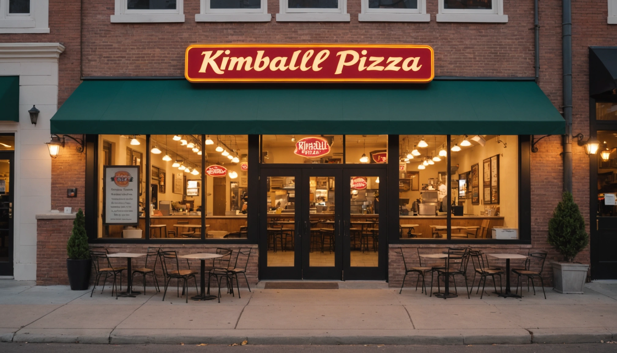 High angle view of the exterior of Kimball Pizza, a bustling pizzeria ready for Super Bowl orders
