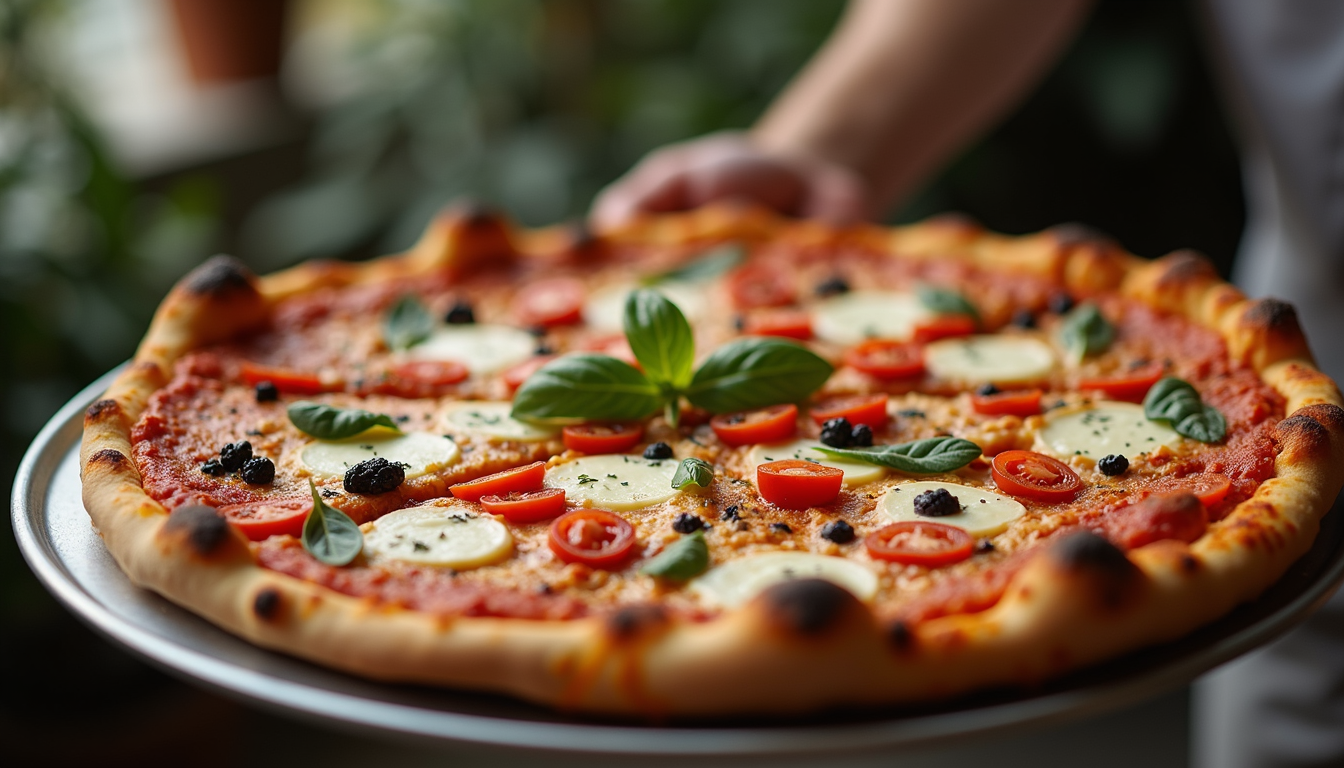 High angle view of a catering tray filled with assorted pizzas and Italian appetizers