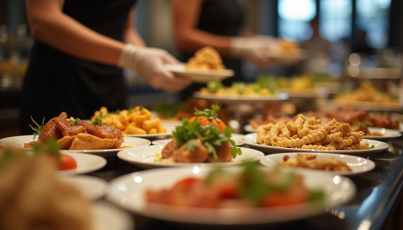 Eye-level view of a beautifully arranged buffet table with diverse dishes