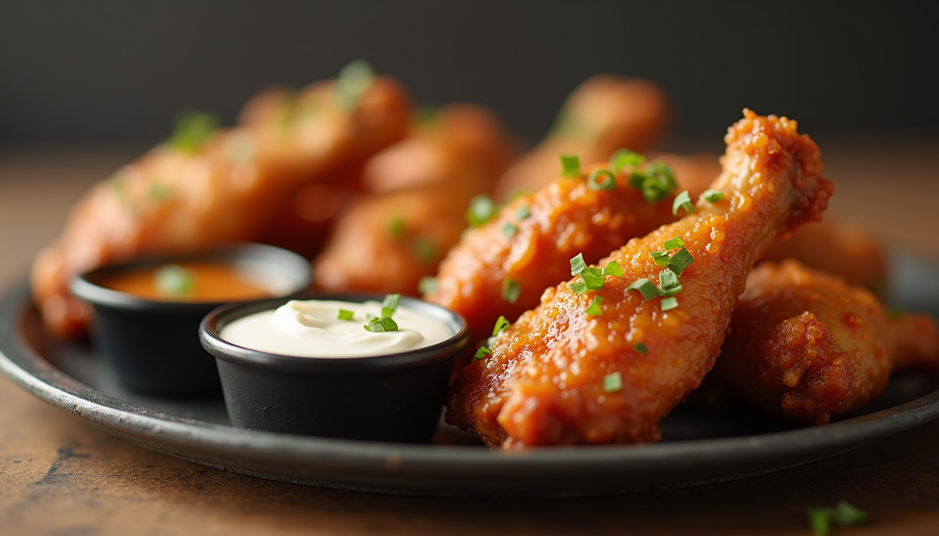 Close-up of a platter of crispy chicken wings with dipping sauces