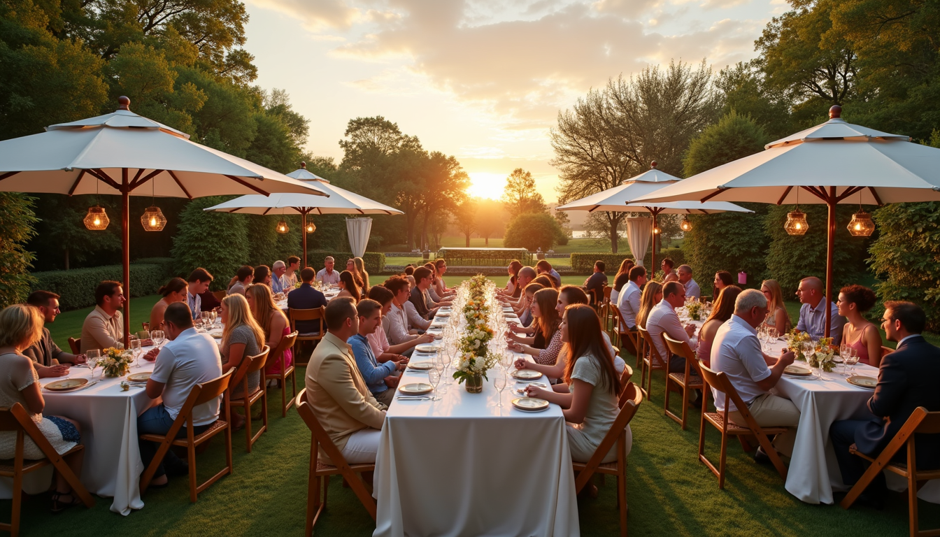 Wide angle view of an expansive outdoor event with dining setups and guests enjoying lunch