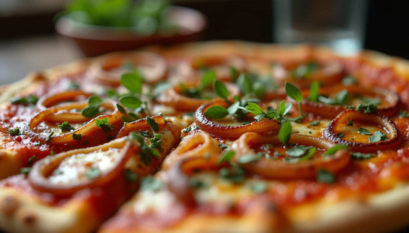Eye-level view of a pizza topped with caramelized onions and fresh herbs