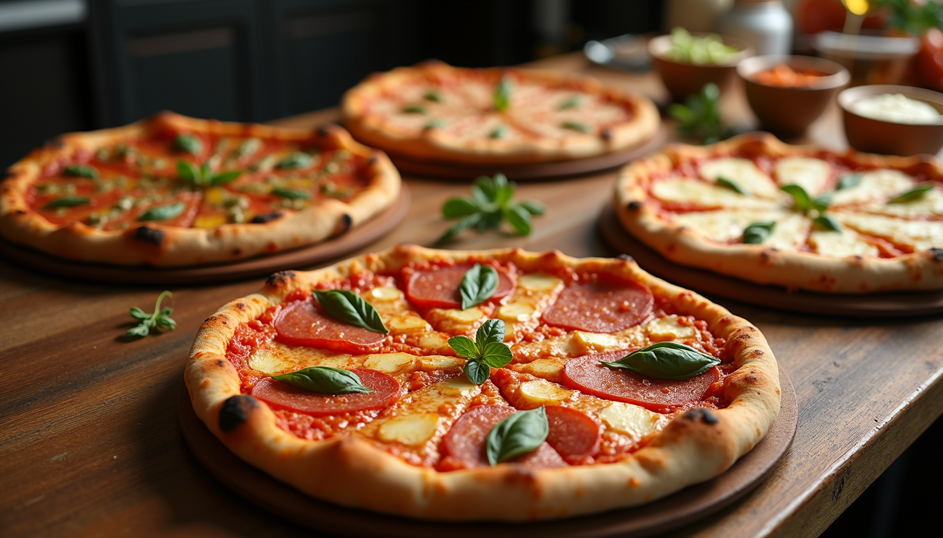 High angle view of a diverse pizza menu with various toppings and sides