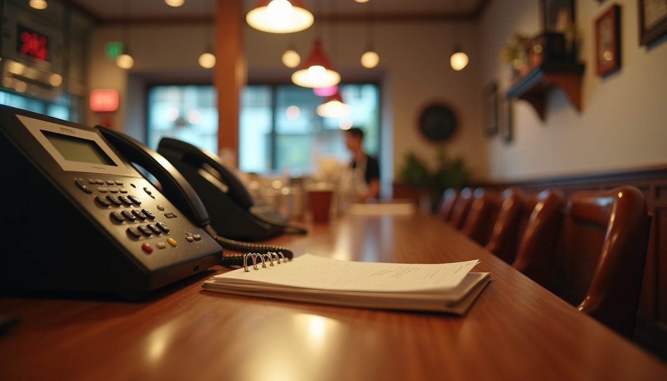Eye-level view of a cozy pizzeria counter with a phone and order pad