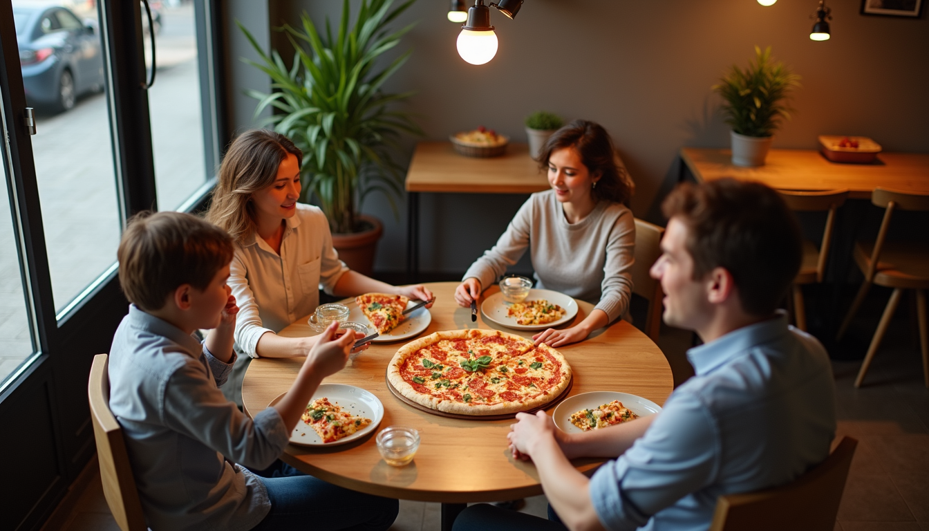 High angle view of a family enjoying pizza and pasta at a local restaurant