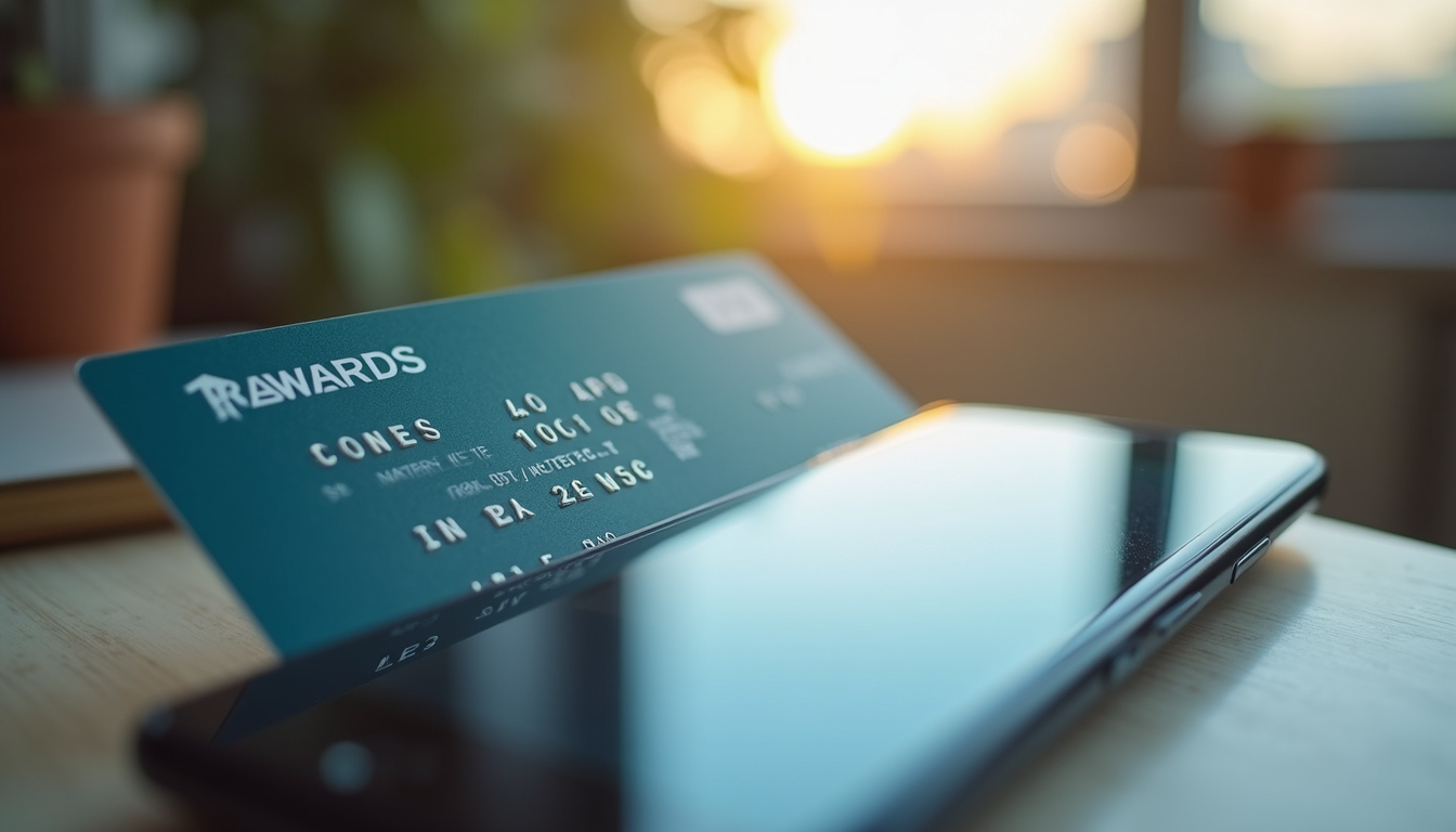 Close-up view of a rewards card and smartphone showing points balance