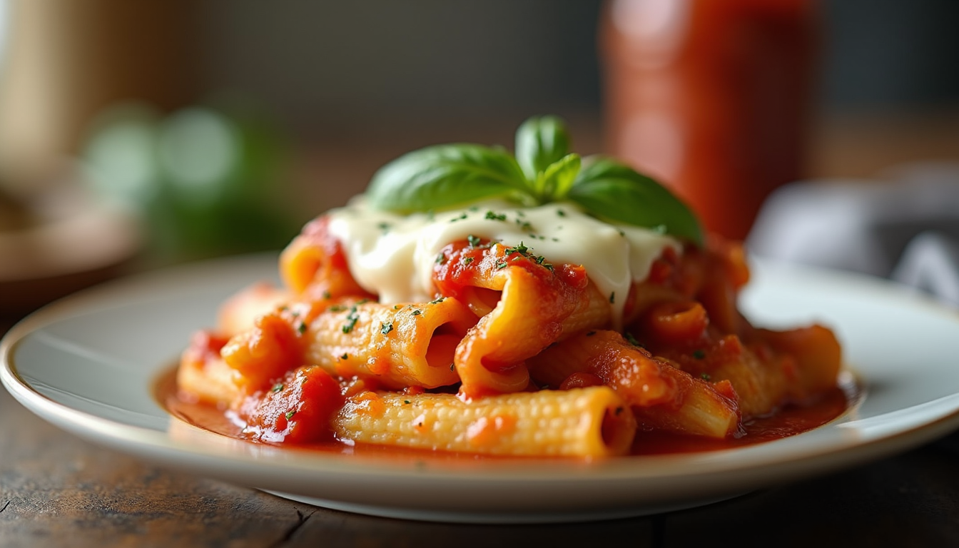 Close-up view of a plate of baked ziti pasta with melted cheese and tomato sauce