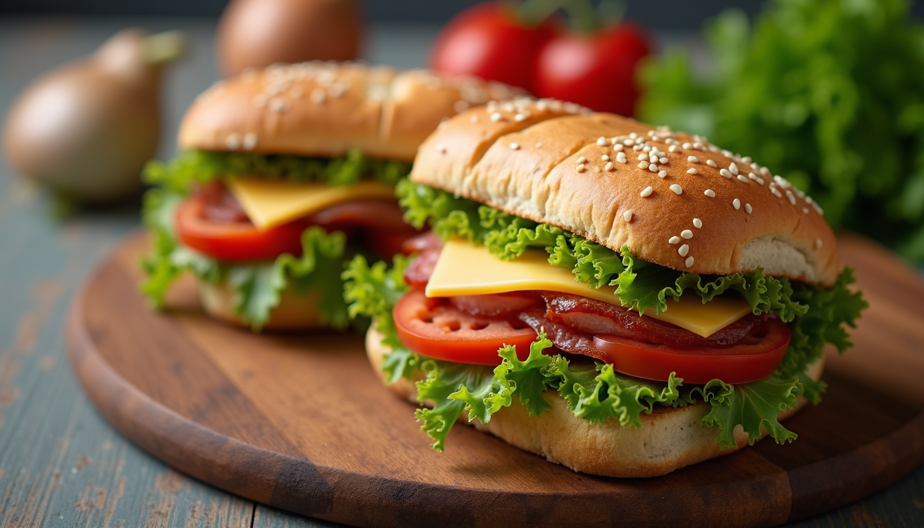 High angle view of a hero sandwich filled with meats, cheese, and fresh vegetables on a wooden board