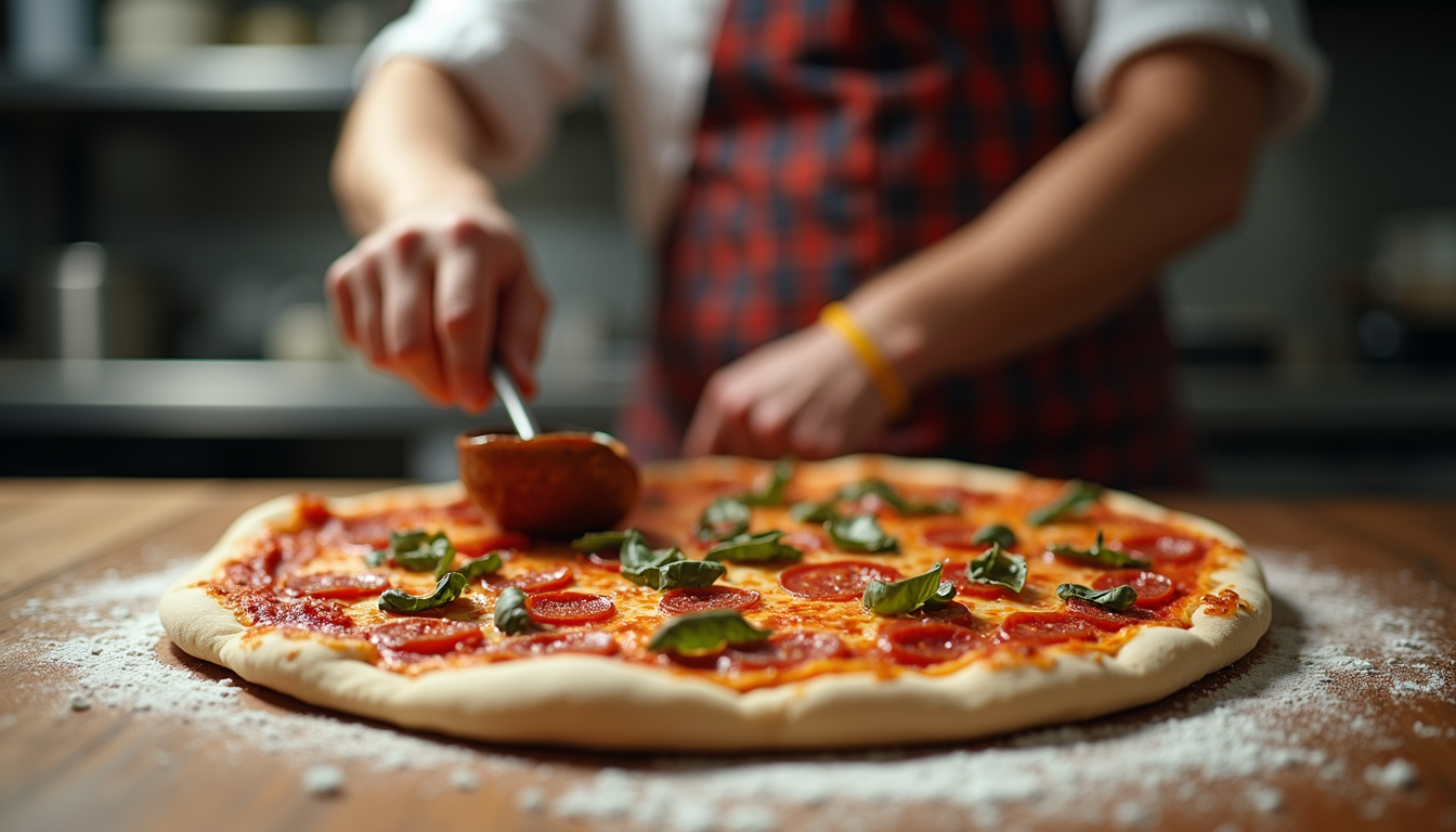 Eye-level view of a pizza chef spreading sauce on hand-tossed dough