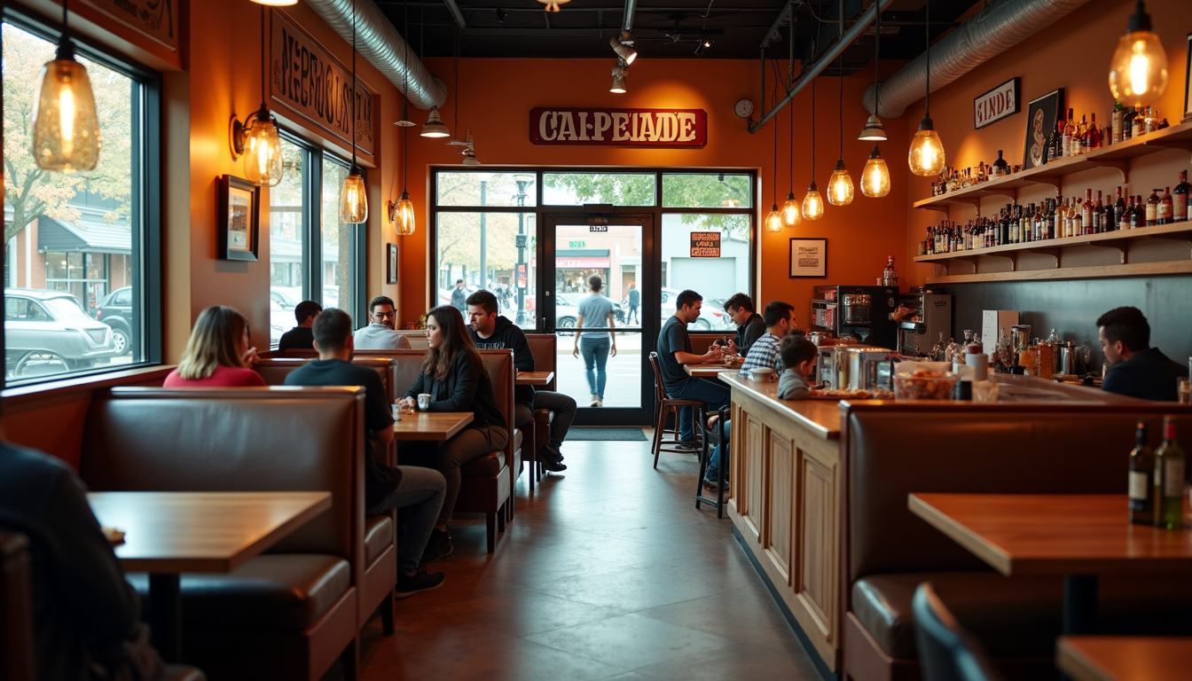 High angle view of Kimball Pizza's inviting dining area with guests enjoying meals