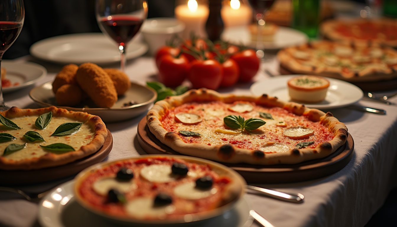 High angle view of a festive event table with Italian dishes and pizza