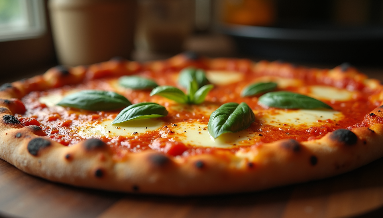 Eye-level view of a freshly baked Margherita pizza with melted cheese and basil leaves