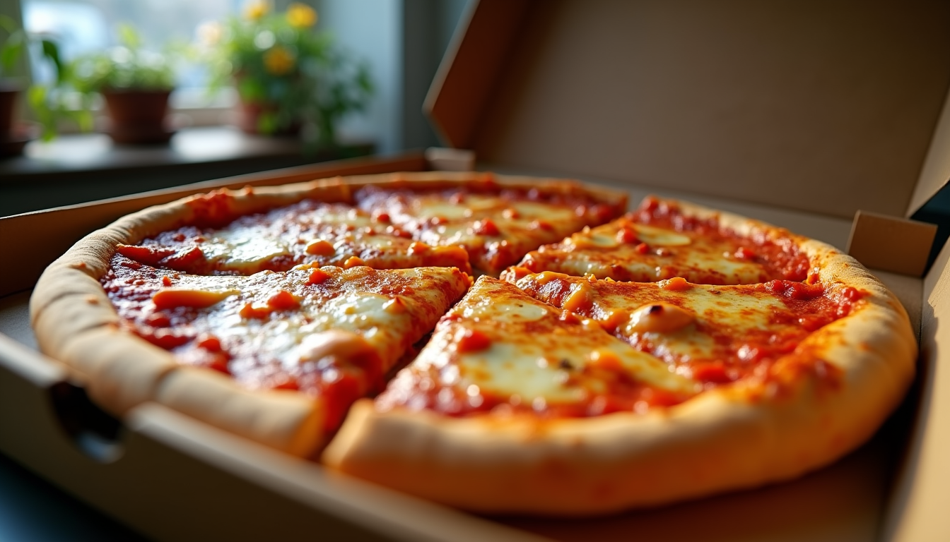 Eye-level view of a large pizza box open with multiple slices of New York-style pizza