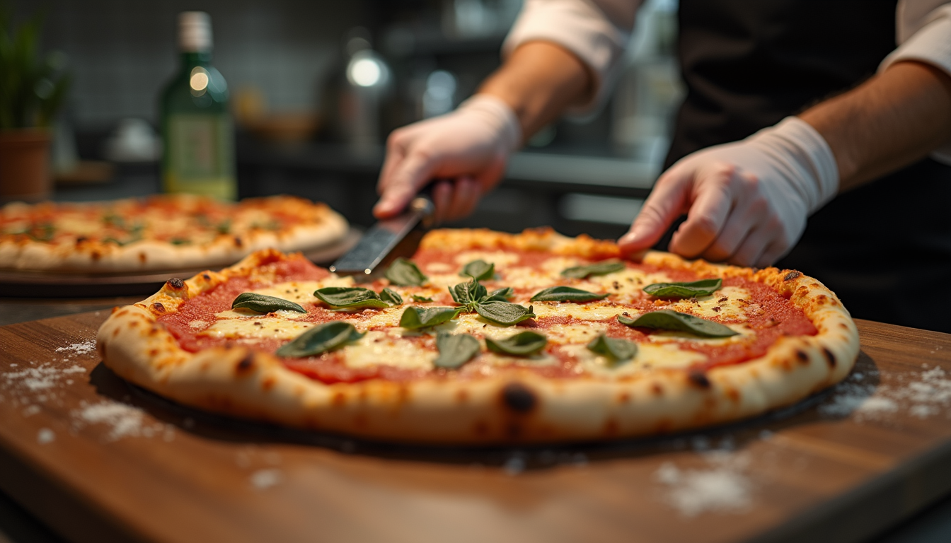Close-up view of a pizza chef preparing a fresh New York-style pizza