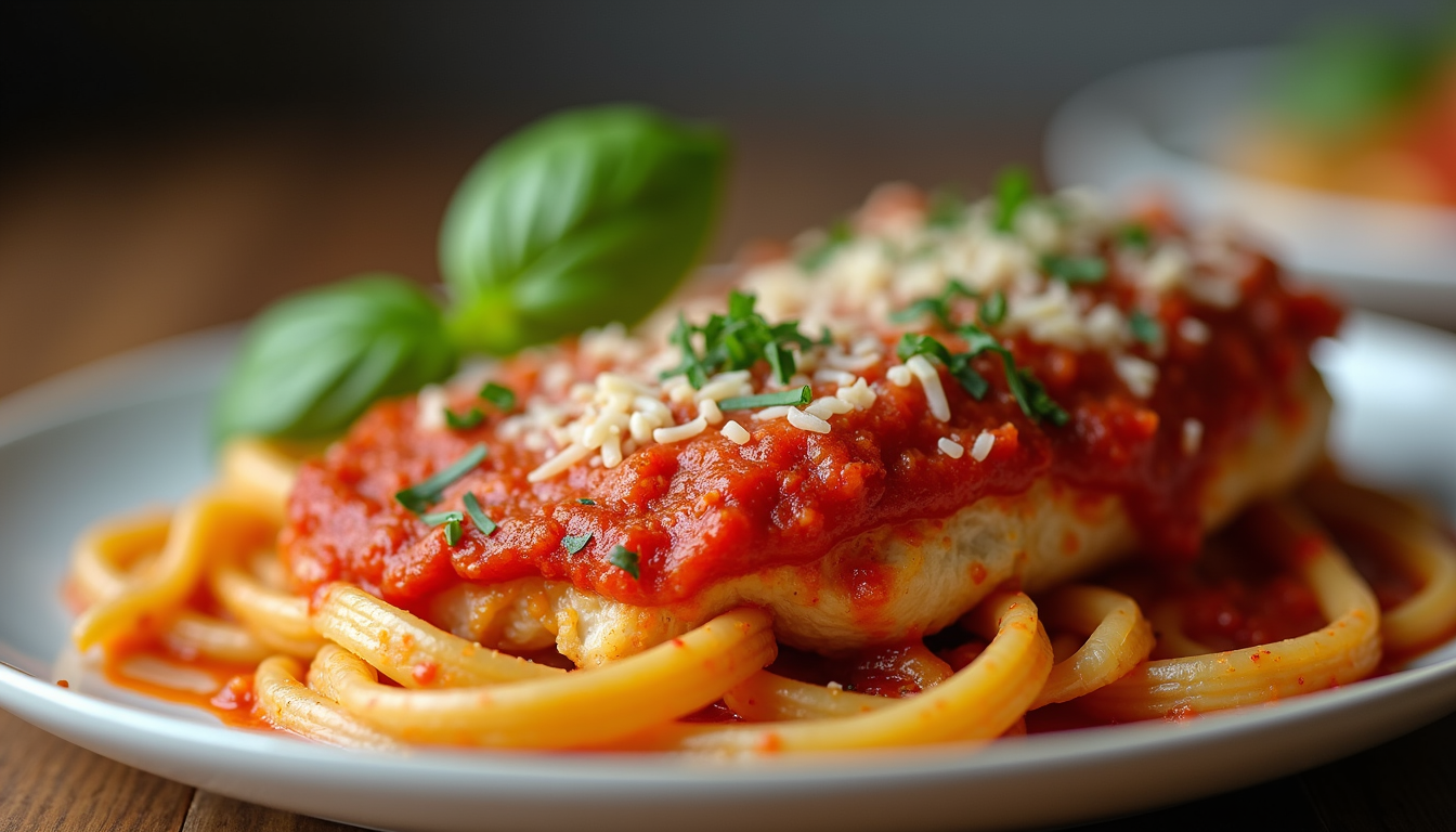 Close-up of a Chicken Parmigiana plate with pasta and marinara sauce