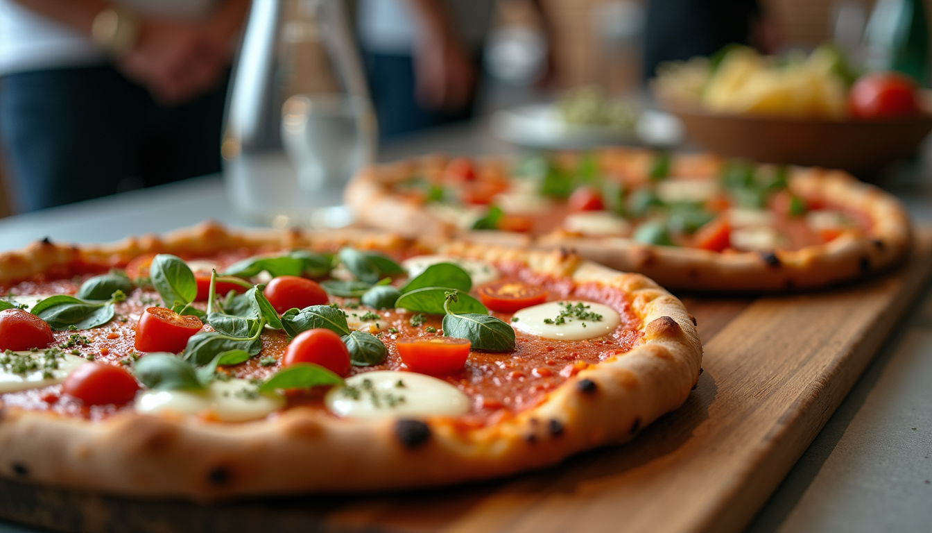 Close-up view of a corporate lunch spread featuring pizza, salads, and Italian dishes