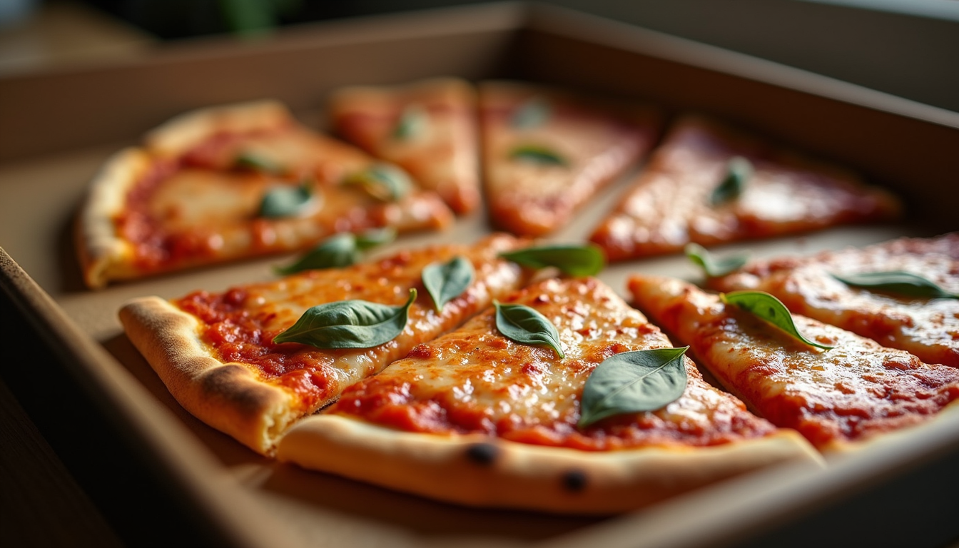 Close-up view of a tray filled with assorted New York-style pizza slices