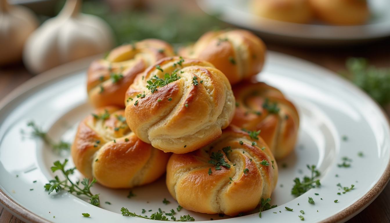 Close-up view of golden garlic knots sprinkled with herbs on a white plate