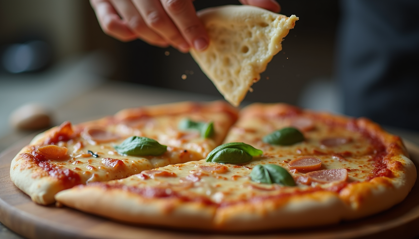Close-up view of a hand tossing pizza dough in the air